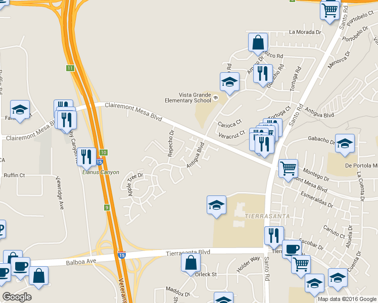 map of restaurants, bars, coffee shops, grocery stores, and more near 10129 Dafne Lane in San Diego