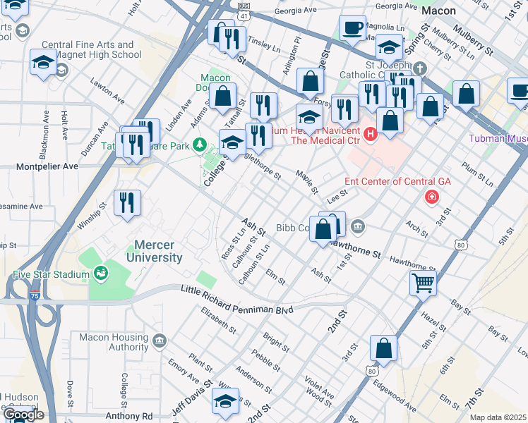 map of restaurants, bars, coffee shops, grocery stores, and more near 1227 Calhoun Street in Macon