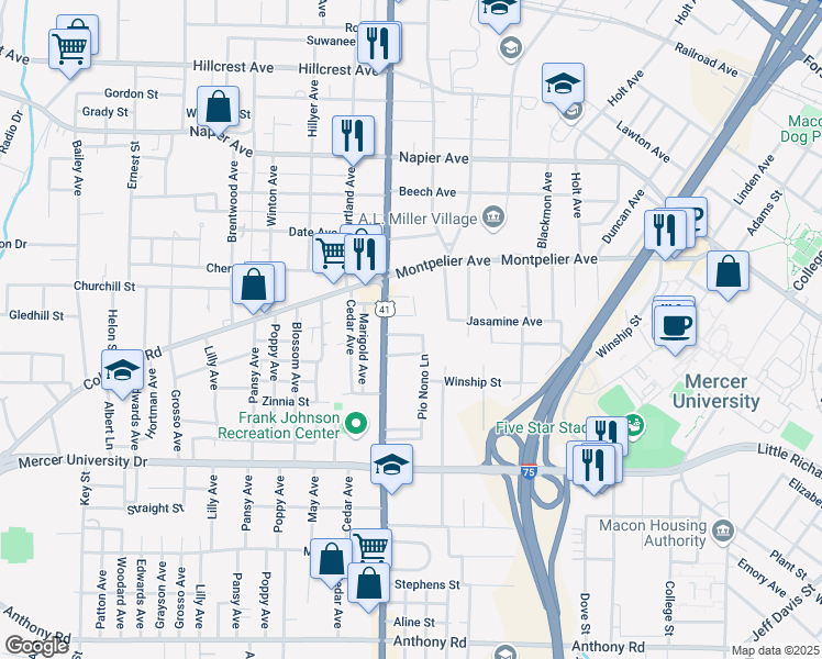 map of restaurants, bars, coffee shops, grocery stores, and more near 2571 Richard Street in Macon