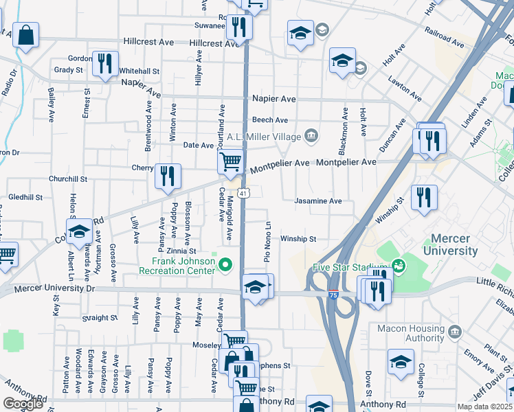 map of restaurants, bars, coffee shops, grocery stores, and more near 2575 Richard Street in Macon