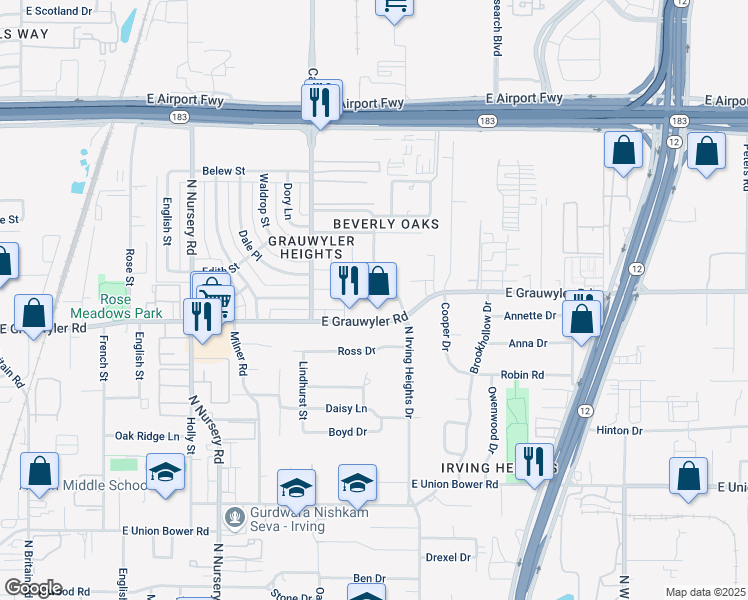 map of restaurants, bars, coffee shops, grocery stores, and more near 1515 Blackwell Drive in Irving