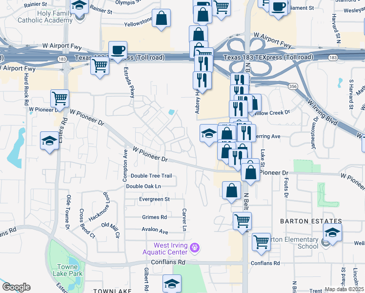 map of restaurants, bars, coffee shops, grocery stores, and more near 3717 West Pioneer Drive in Irving