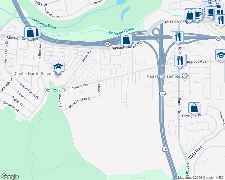 map of restaurants, bars, coffee shops, grocery stores, and more near 8551 Prospect Court in Santee