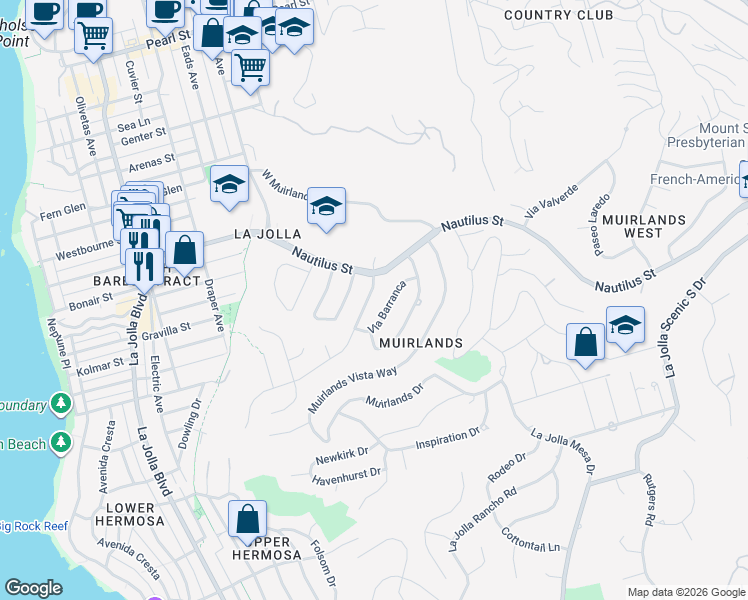 map of restaurants, bars, coffee shops, grocery stores, and more near 6653 Avenida Manana in San Diego