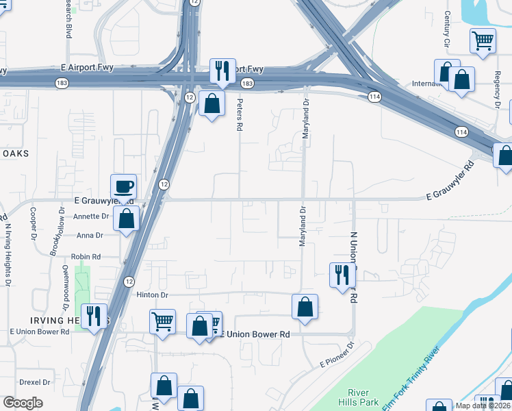 map of restaurants, bars, coffee shops, grocery stores, and more near 2328 East Grauwyler Road in Irving