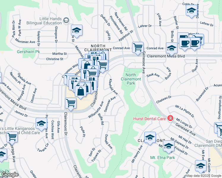 map of restaurants, bars, coffee shops, grocery stores, and more near 4686 Kleefeld Avenue in San Diego