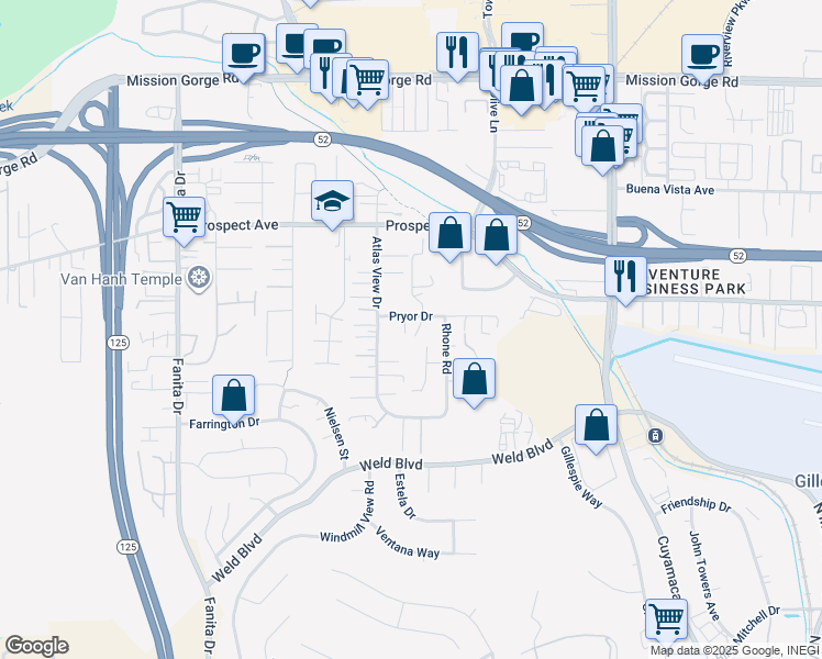 map of restaurants, bars, coffee shops, grocery stores, and more near 8588 Shanes Way in Santee