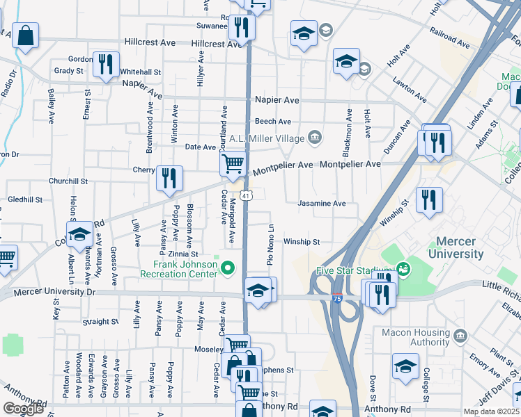 map of restaurants, bars, coffee shops, grocery stores, and more near 2571 Richard Street in Macon