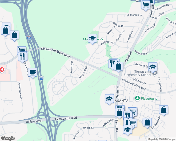 map of restaurants, bars, coffee shops, grocery stores, and more near Rebolla Lane in San Diego