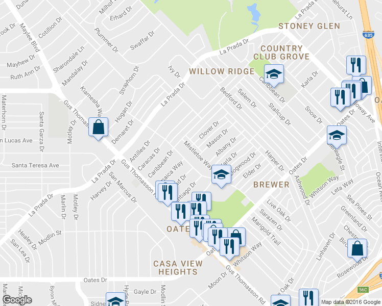 map of restaurants, bars, coffee shops, grocery stores, and more near 4845 Mistletoe Way in Mesquite