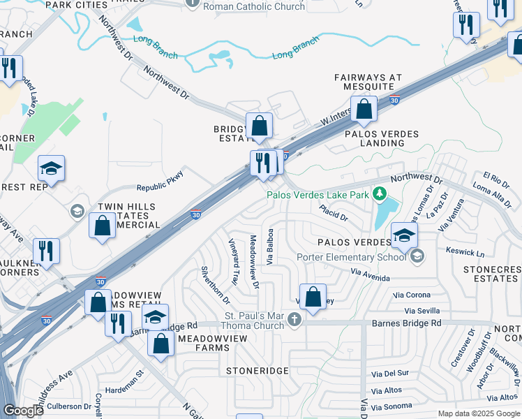 map of restaurants, bars, coffee shops, grocery stores, and more near 1033 Morningside Court in Mesquite