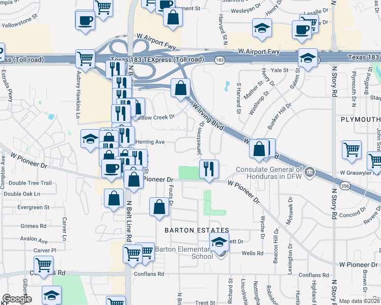map of restaurants, bars, coffee shops, grocery stores, and more near 3112 Roanoke Drive in Irving