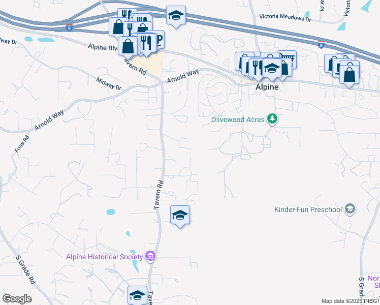 map of restaurants, bars, coffee shops, grocery stores, and more near 1969 Alpine Creek Lane in Alpine