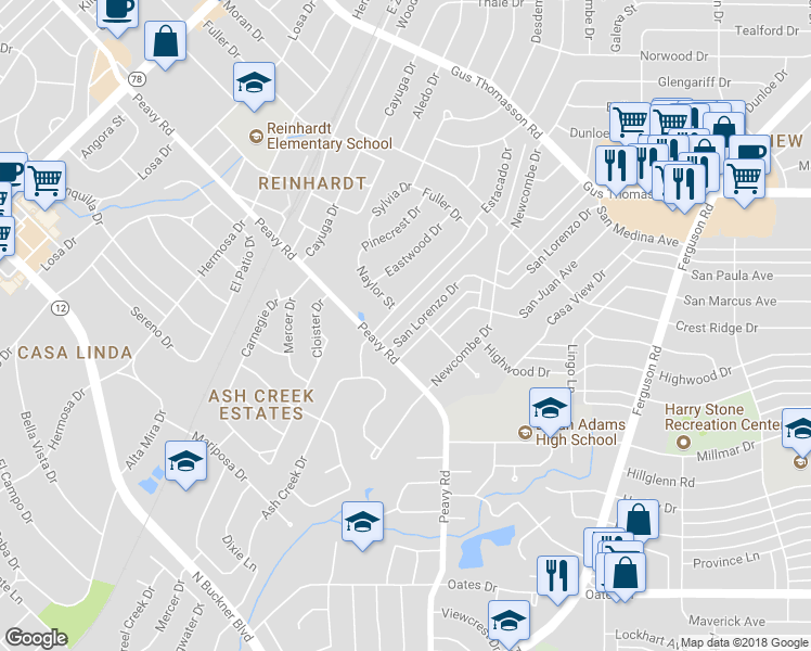 map of restaurants, bars, coffee shops, grocery stores, and more near 10029 San Lorenzo Drive in Dallas