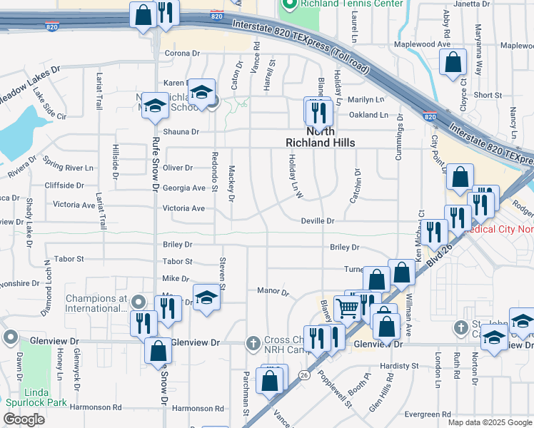 map of restaurants, bars, coffee shops, grocery stores, and more near 7004 Deville Drive in North Richland Hills