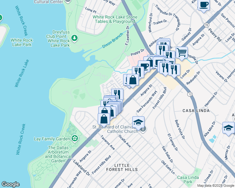 map of restaurants, bars, coffee shops, grocery stores, and more near 9191 Garland Road in Dallas
