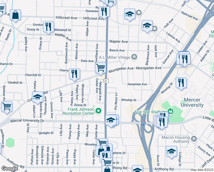 map of restaurants, bars, coffee shops, grocery stores, and more near 1518 Pio Nono Ave in Macon