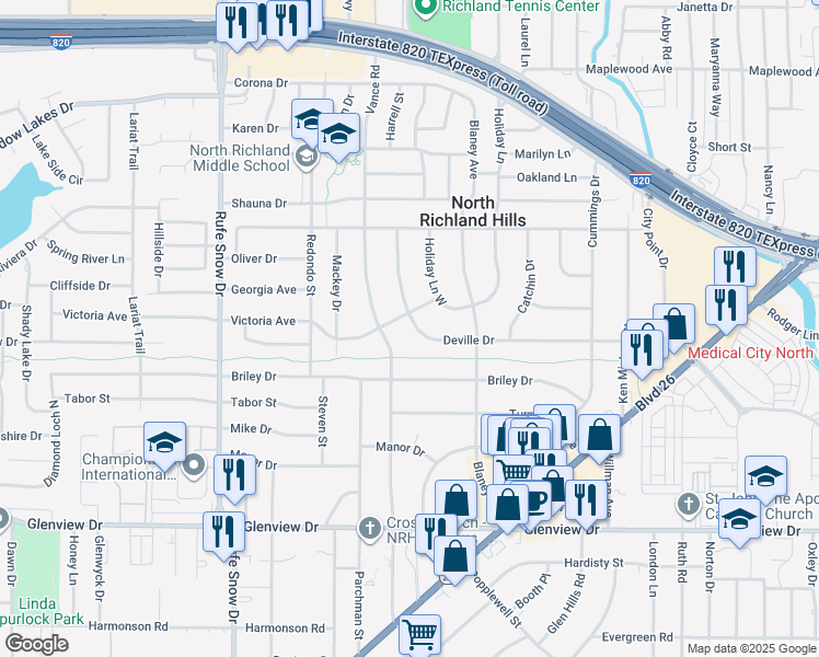 map of restaurants, bars, coffee shops, grocery stores, and more near 7004 Deville Drive in North Richland Hills