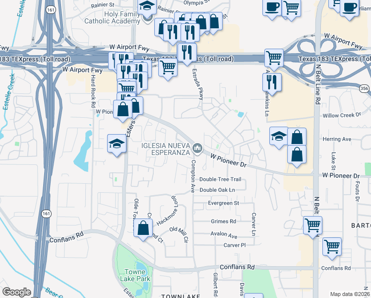 map of restaurants, bars, coffee shops, grocery stores, and more near 4112 High Crest Drive in Irving