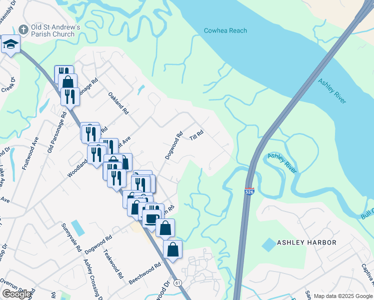 map of restaurants, bars, coffee shops, grocery stores, and more near 2154 Catterton Drive in Charleston