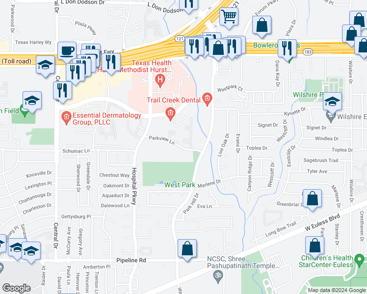 map of restaurants, bars, coffee shops, grocery stores, and more near 2833 Parkview Lane in Bedford