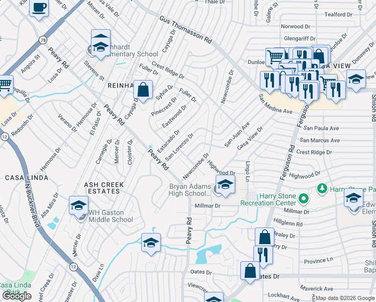 map of restaurants, bars, coffee shops, grocery stores, and more near 10053 San Juan Avenue in Dallas