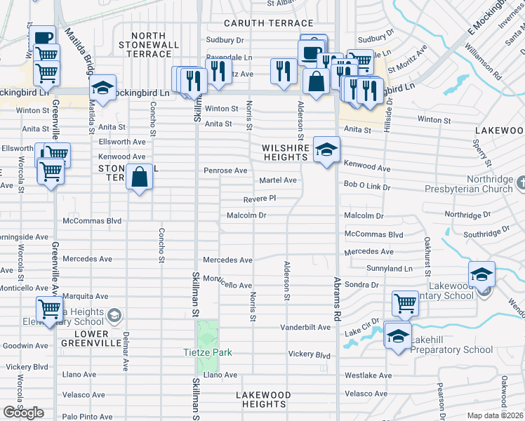 map of restaurants, bars, coffee shops, grocery stores, and more near 6263 Malcolm Drive in Dallas