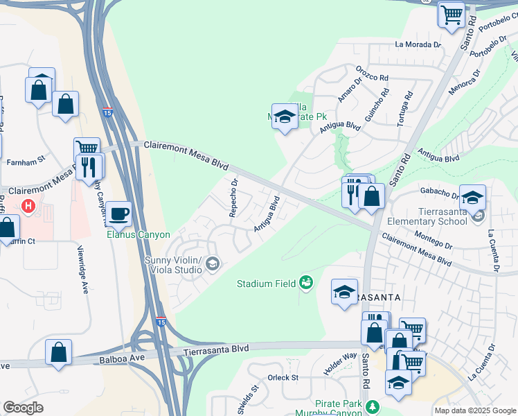 map of restaurants, bars, coffee shops, grocery stores, and more near 10129 Dafne Lane in San Diego