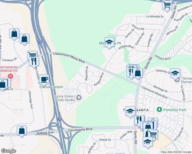 map of restaurants, bars, coffee shops, grocery stores, and more near 10165 Gayuba Lane in San Diego