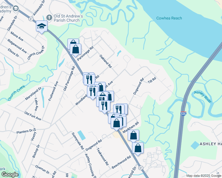 map of restaurants, bars, coffee shops, grocery stores, and more near 2435 Castlereagh Road in Charleston