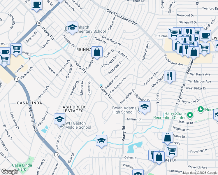 map of restaurants, bars, coffee shops, grocery stores, and more near 10029 San Lorenzo Drive in Dallas