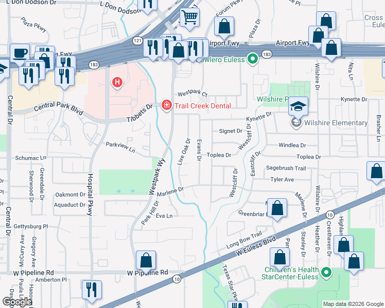 map of restaurants, bars, coffee shops, grocery stores, and more near 509 Evans Drive in Euless
