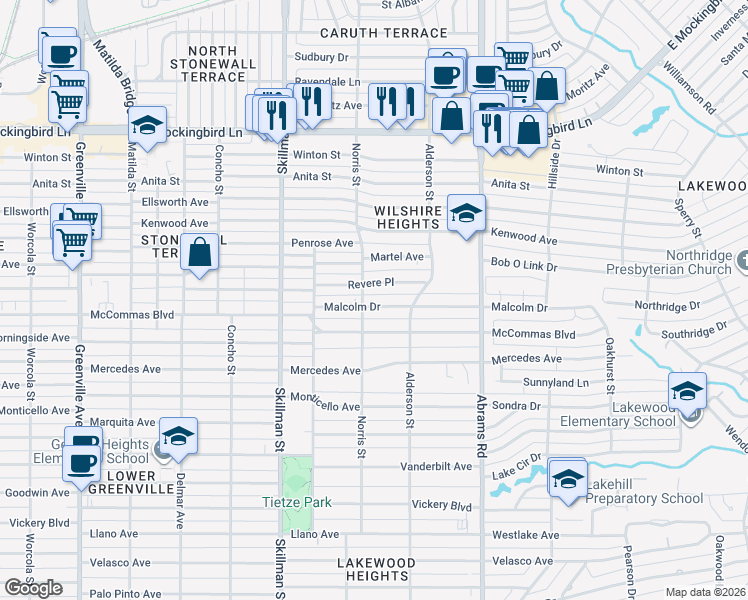 map of restaurants, bars, coffee shops, grocery stores, and more near 6263 Malcolm Drive in Dallas