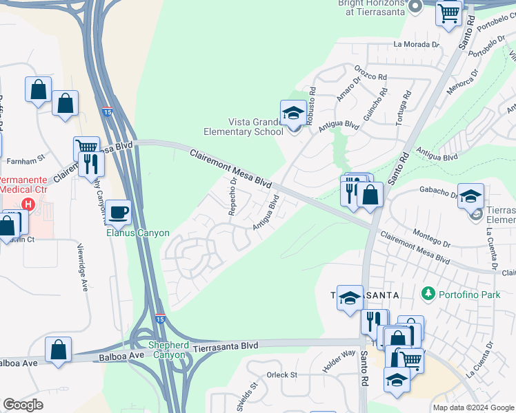 map of restaurants, bars, coffee shops, grocery stores, and more near 10165 Gayuba Lane in San Diego