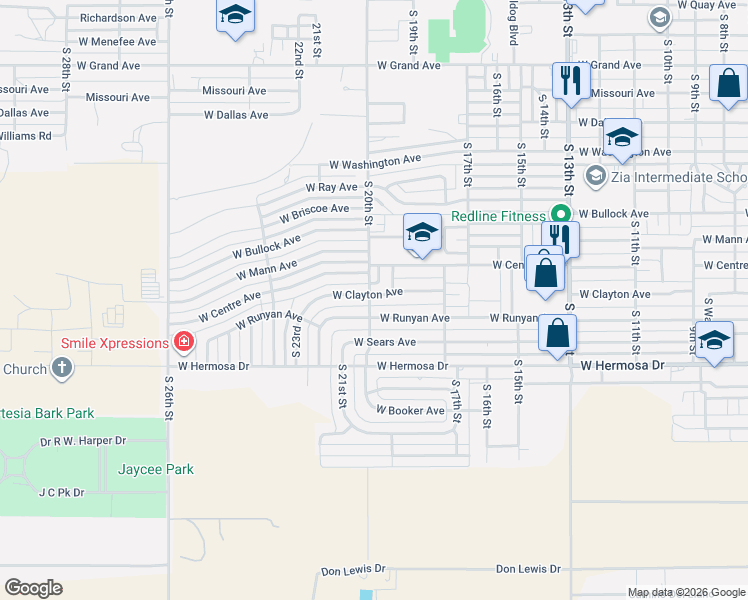 map of restaurants, bars, coffee shops, grocery stores, and more near 1907 West Clayton Avenue in Artesia