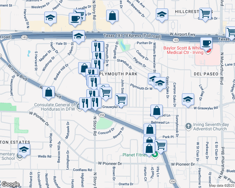 map of restaurants, bars, coffee shops, grocery stores, and more near 1528 Bradford Street in Irving