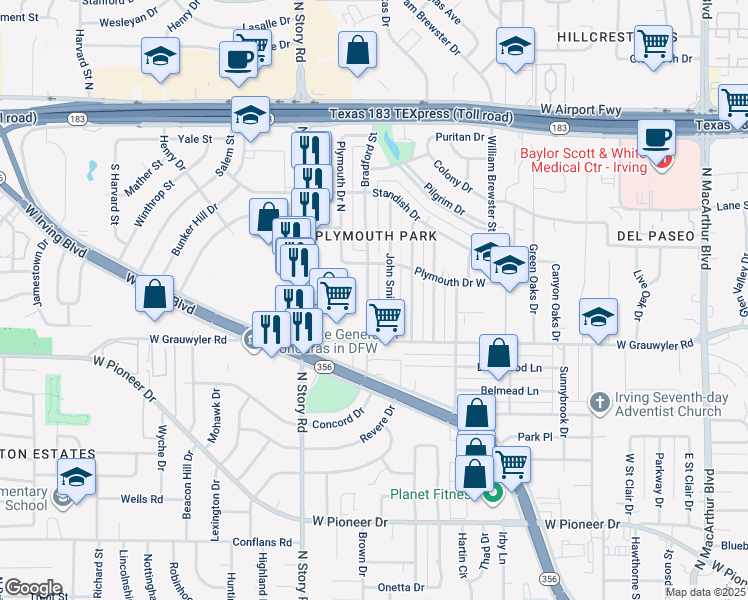 map of restaurants, bars, coffee shops, grocery stores, and more near 1528 Bradford Street in Irving