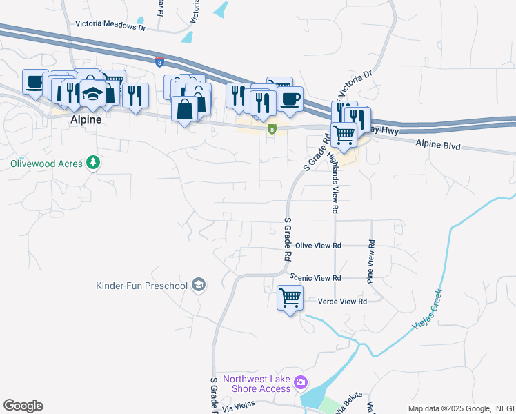 map of restaurants, bars, coffee shops, grocery stores, and more near 2535 Kenda Way in Alpine