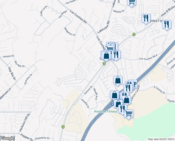 map of restaurants, bars, coffee shops, grocery stores, and more near 8618 Skylight Way in Lakeside