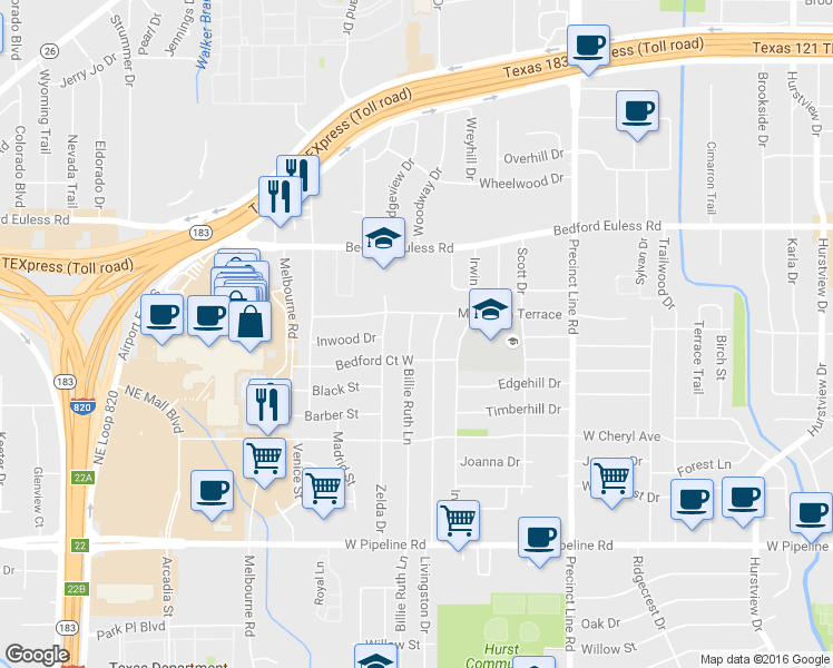 map of restaurants, bars, coffee shops, grocery stores, and more near 1128 Billie Ruth Lane in Hurst