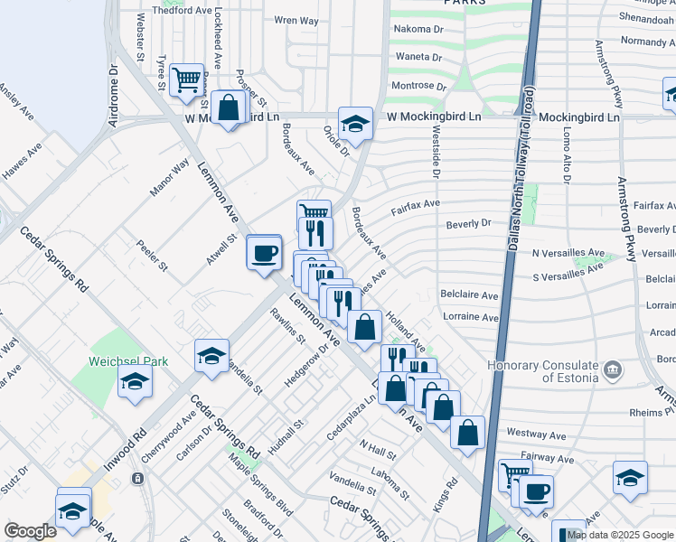 map of restaurants, bars, coffee shops, grocery stores, and more near 5615 La Foy Boulevard in Dallas