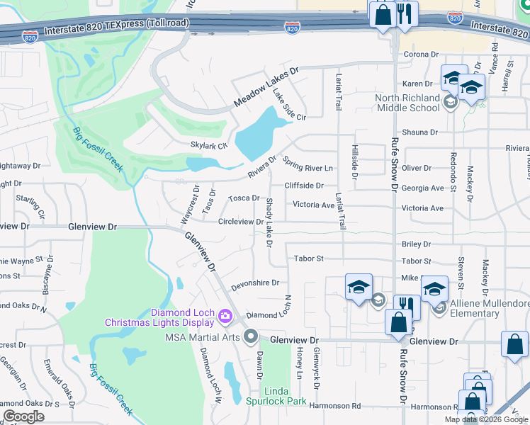 map of restaurants, bars, coffee shops, grocery stores, and more near 4605 Shady Lake Drive in North Richland Hills