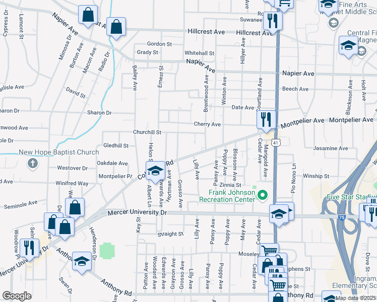 map of restaurants, bars, coffee shops, grocery stores, and more near 2859 Columbus Road in Macon