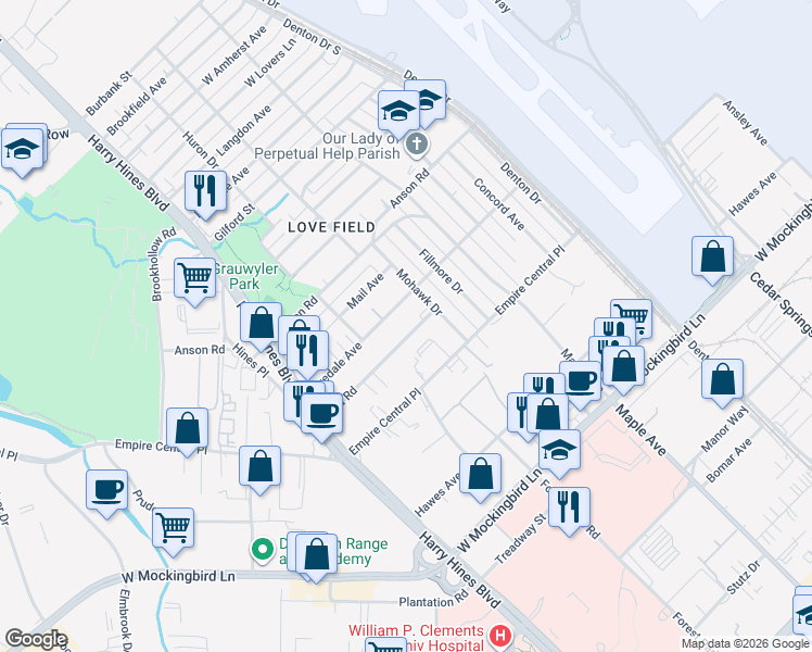 map of restaurants, bars, coffee shops, grocery stores, and more near 2218 Shea Road in Dallas