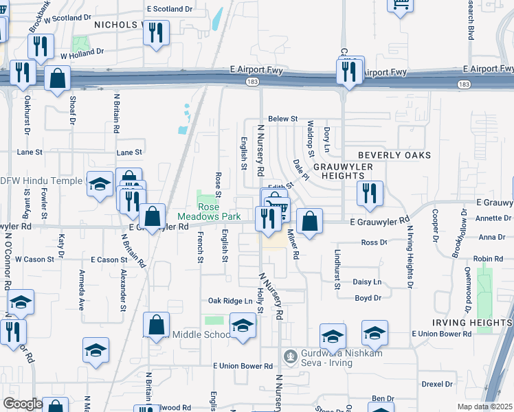 map of restaurants, bars, coffee shops, grocery stores, and more near 1521 North Nursery Road in Irving