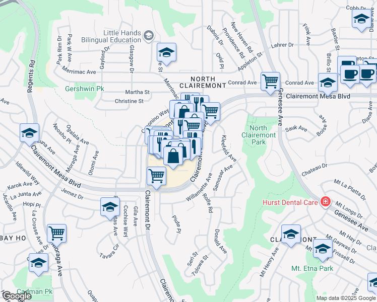 map of restaurants, bars, coffee shops, grocery stores, and more near 4140 Clairemont Mesa Boulevard in San Diego