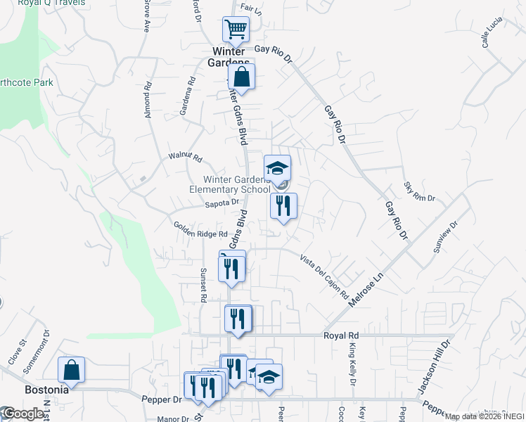 map of restaurants, bars, coffee shops, grocery stores, and more near 8470 Pueblo Road in Lakeside