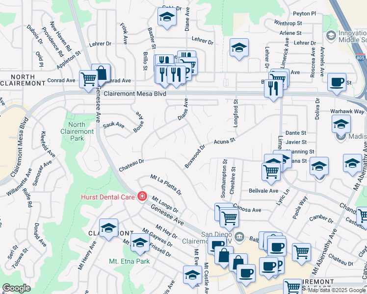 map of restaurants, bars, coffee shops, grocery stores, and more near 4706 Mount Saint Helens Way in San Diego