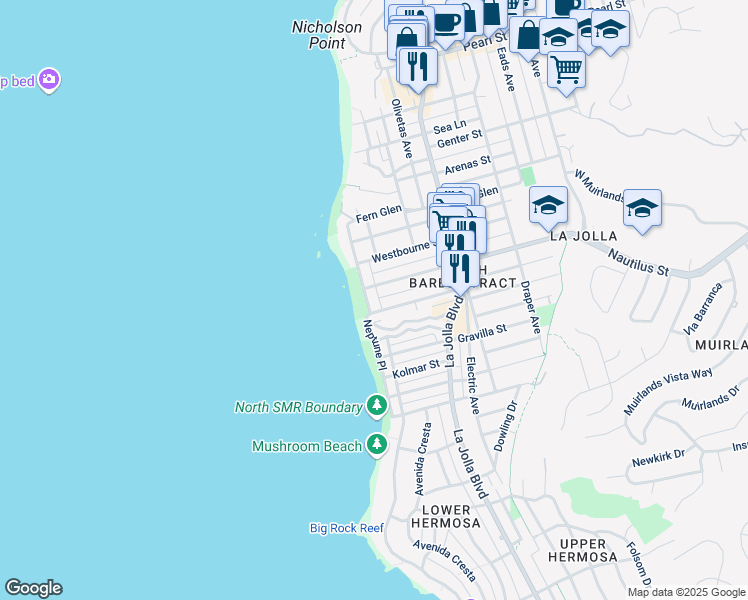 map of restaurants, bars, coffee shops, grocery stores, and more near 6819 Neptune Place in La Jolla