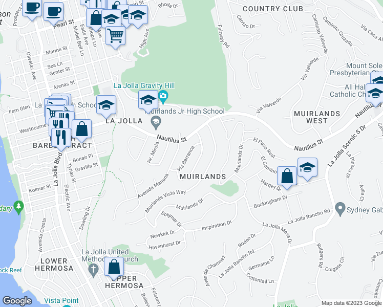 map of restaurants, bars, coffee shops, grocery stores, and more near 1251 Via Barranca in San Diego